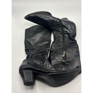 Angela Falconi Black Leather Knee High Boots Italian Made Pointed Toe Size 38.5